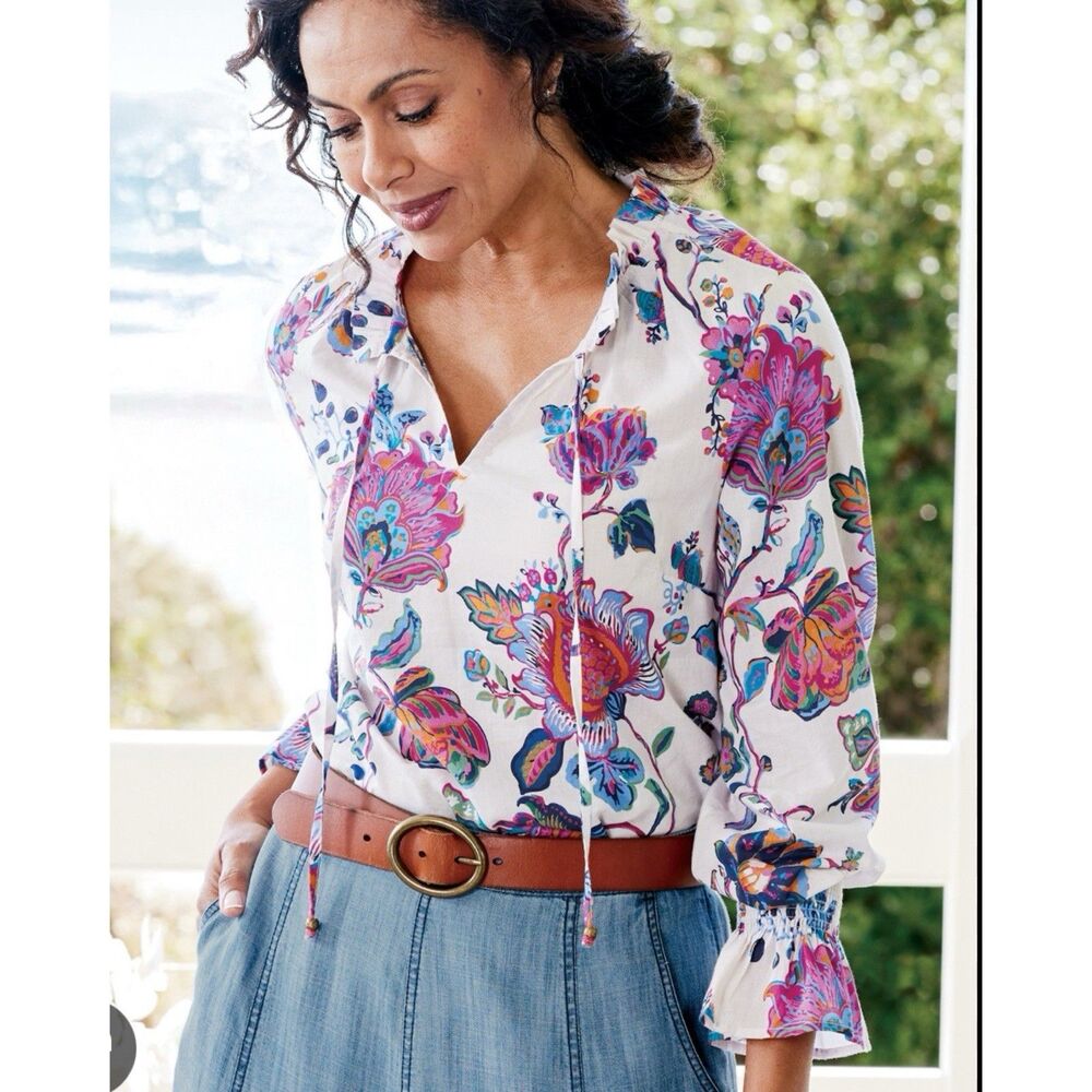 Soft Surroundings Size 1X Floral Boho Peasant Blouse Tie Neck Smocked Cuffs